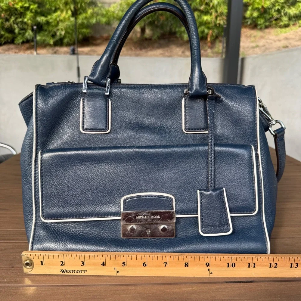 Michael Kors Navy Blue Pebbled Leather Satchel Handbag Silver Hardware Crossbody